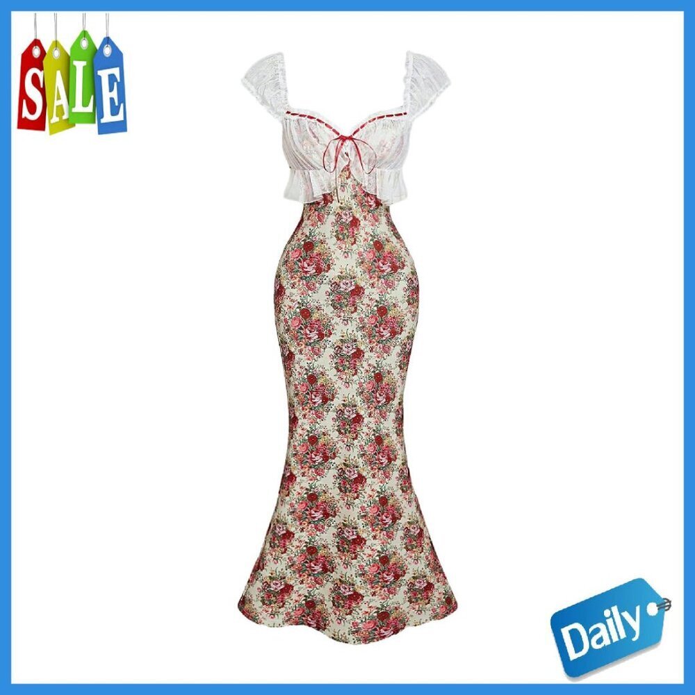 Floral Lace Fishtail Maxi Dress with Bow Front